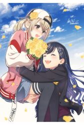 Rule 34 | 2girls, artist name, azusawa kohane, baseball cap, black thighhighs, blush, bouquet, brown eyes, carrying, carrying person, closed eyes, commentary request, earrings, feet out of frame, flower, hair ornament, hairclip, hat, holding, holding bouquet, jacket, jewelry, junpaku no anata e chikai no uta wo! (project sekai), light brown hair, long hair, long sleeves, looking at another, multiple girls, official alternate costume, open clothes, open jacket, open mouth, outdoors, petals, project sekai, shiraishi an, short twintails, smile, star (symbol), star hair ornament, suzunosuke (sagula), teeth, thighhighs, twintails, upper teeth only, yellow flower