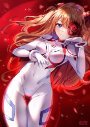 Rule 34 | 1girl, artist name, blue eyes, bodysuit, breasts, brown hair, commentary, covered navel, flower, flower over eye, gloves, groin, hair between eyes, highres, long hair, looking at viewer, lying, neon genesis evangelion, on back, plugsuit, red flower, red rose, rose, small breasts, solo, souryuu asuka langley, squchan, thigh gap, two side up, very long hair, watermark, web address, white bodysuit, white gloves