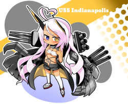 Rule 34 | 1girl, ahoge, azur lane, bandeau, blue eyes, blush, breasts, character name, cleavage, closed mouth, commentary request, dark-skinned female, dark skin, expressionless, facepaint, full body, grey footwear, heart, heart ahoge, heterochromia, horns, indianapolis (azur lane), kawara hajime, long hair, looking at viewer, mechanical arms, mechanical horns, medium breasts, pink hair, solo, thighhighs, turret, twintails, underboob, very long hair, white bandeau, white thighhighs, yellow eyes