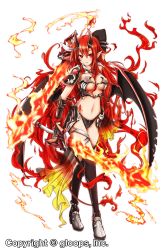 Rule 34 | 1girl, absurdres, akino coto, armor, bikini armor, breasts, elbow gloves, fire, fire, flaming sword, flaming weapon, gloves, hair between eyes, highres, horns, long hair, magia break, md5 mismatch, medium breasts, midriff, navel, official art, pointy ears, red eyes, red hair, resolution mismatch, single elbow glove, solo, source smaller, sword, weapon, wings