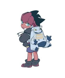 Rule 34 | 1boy, aged down, backpack, bag, black hair, blue eyes, commentary request, creatures (company), dark-skinned male, dark skin, duraludon, fang, game freak, gen 8 pokemon, grey footwear, grey hoodie, gym leader, hood, hood down, hoodie, korean commentary, looking at viewer, looking back, mabaem, male focus, nintendo, open mouth, pokemon, pokemon swsh, raihan (pokemon), red headwear, shoes, short hair, shorts, simple background, standing, themed object, white background