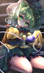 Rule 34 | 1girl, :3, absurdres, animal ears, blush, cat ears, commentary request, dfra, frilled skirt, frilled sleeves, frills, green eyes, green hair, green skirt, hair between eyes, head tilt, heart, heart-shaped pupils, heart of string, highres, komeiji koishi, long sleeves, looking at viewer, on floor, shirt, short hair, sitting, skirt, sleeves past wrists, solo, symbol-shaped pupils, thighs, third eye, touhou, yellow shirt