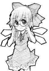 Rule 34 | 1girl, adjusting eyewear, bespectacled, bow, bowtie, cirno, dress, embodiment of scarlet devil, female focus, glasses, greyscale, hair bow, hair ribbon, mihara, mihara (harahara), monochrome, ribbon, simple background, sketch, solo, touhou, white background, wings