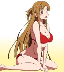 Rule 34 | 1girl, asuna (sao), barefoot, bikini, breasts, brown eyes, brown hair, cleavage, collarbone, full body, gradient background, half updo, large breasts, long hair, looking at viewer, open mouth, puge, red bikini, sitting, smile, solo, swimsuit, sword art online, thighs, wariza, white background, yellow background