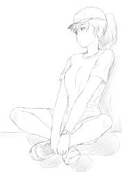 Rule 34 | 1girl, baseball cap, breasts, greyscale, hat, highres, holding feet, indian style, medium breasts, monochrome, niwatazumi, original, parted lips, ponytail, shadow, shirt, shoes, short sleeves, shorts, sitting, sketch, sneakers, solo, t-shirt, wall, watch, wristwatch