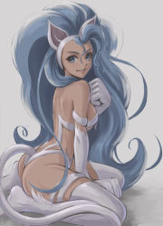 Rule 34 | 1girl, absurdres, ahoge, animal ears, animal feet, animal hands, arm support, ass, bare shoulders, blue eyes, blue hair, breasts, capcom, cat ears, cat girl, cat tail, commentary, fangs, felicia (vampire), from side, fur, grey background, hand up, highres, lips, long hair, looking at viewer, medium breasts, multicolored hair, parted lips, shadow, sideboob, simple background, sitting, smile, solo, tail, teeth, thighs, tyanoki, vampire (game), wariza, white hair