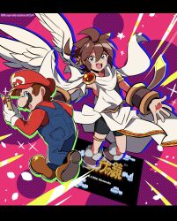 Rule 34 | 2boys, angel, angel wings, armband, blue eyes, brown footwear, brown hair, controller, facial hair, game controller, gloves, highres, holding, holding controller, holding game controller, kid icarus, kid icarus (nes), laurel crown, letterboxed, looking at viewer, male focus, mario, mario (series), multiple boys, mustache, nintendo, open mouth, overalls, pit (kid icarus), red headwear, rune (ruupokesmash54), smile, sparkle, wings