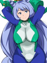 Rule 34 | 10s, 1girl, arms up, blue eyes, blue hair, bodysuit, boku no hero academia, breasts, cafekun, hadou nejire, highres, impossible bodysuit, impossible clothes, large breasts, long hair, simple background, smile, solo, white background