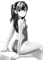 Rule 34 | 1girl, ass, competition swimsuit, greyscale, highres, long hair, looking at viewer, monochrome, one-piece swimsuit, original, sitting, smile, swimsuit, tk4, twintails, two side up