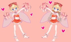 Rule 34 | 2girls, absurdres, ankle garter, axiacid, barefoot, blue eyes, blush, bow, cheerleader, crop top, derivative work, fairy, fairy wings, fang, feet, full body, hair bow, heart, highres, long hair, looking at viewer, midriff, multiple girls, navel, original, pink background, pointy ears, pom pom (cheerleading), red bow, red skirt, redrawn, short hair, simple background, skirt, smile, wings