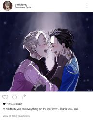 Rule 34 | 10s, 2boys, azebra-was-here, black hair, blush, english text, closed eyes, fake screenshot, hands on another&#039;s face, highres, instagram, jewelry, katsuki yuuri, male focus, multiple boys, open mouth, ring, silver hair, smile, tears, viktor nikiforov, yuri!!! on ice