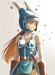 Rule 34 | 1girl, absurdres, armlet, armor, belt, blue armor, breasts, brown eyes, brown gloves, brown hair, cleavage, closed mouth, daisy (dq), dragon quest, dragon quest yuusha abel densetsu, fake horns, gloves, helmet, highres, horned helmet, horns, long hair, makimoto z, simple background, solo, square enix, sword, weapon