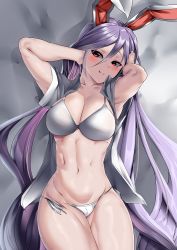 Rule 34 | 1girl, abs, absurdres, armpits, blouse, bra, breasts, cleavage, highres, long hair, mizuga, muscular, muscular female, open clothes, open shirt, panties, presenting armpit, reisen udongein inaba, shirt, solo, thighs, touhou, underwear, very long hair, white background, white bra, white panties