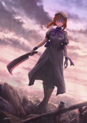 Rule 34 | 1girl, backlighting, beret, blood, blood on face, bloody weapon, blunt ends, boots, bow, closed mouth, cloud, cloudy sky, cross-laced footwear, dress, expressionless, female focus, fracoco, hat, highres, higurashi no naku koro ni, holding, holding weapon, nata (tool), orange hair, outdoors, purple bow, purple eyes, ryuuguu rena, signature, sky, solo, standing, weapon, white hat