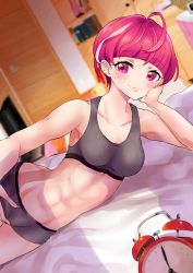 Rule 34 | 1girl, abs, aged up, ahoge, alarm clock, analog clock, armpits, bad id, bad twitter id, bare legs, bare shoulders, bed sheet, biceps, black sports bra, blunt bangs, blurry, blurry background, blush, book, bookshelf, boyshort panties, bra, breasts, clock, collarbone, commentary, cowboy shot, door, dutch angle, elbow rest, highres, hoshina hikaru, indoors, lips, looking at viewer, lying, medium breasts, midriff, mikorin, multicolored hair, muscular, muscular female, nail polish, navel, on bed, on side, pink eyes, pink hair, precure, short hair, smile, sports bra, star twinkle precure, stomach, streaked hair, television, toned, underwear, underwear only