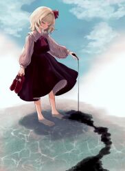 Rule 34 | 1girl, ascot, barefoot, black skirt, black vest, blonde hair, closed eyes, closed mouth, collared shirt, darkness, frilled shirt collar, frills, hair ribbon, highres, holding, holding shoes, long sleeves, red ascot, red footwear, red ribbon, ribbon, rumia, shirt, shoes, short hair, skirt, smile, solo, touhou, umebitan, vest, water, white shirt