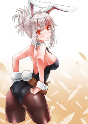 Rule 34 | 1girl, animal ears, ass, backless outfit, bad id, bad pixiv id, bare shoulders, battle bunny riven, belt, breasts, carrot, cowboy shot, fake animal ears, from side, half updo, league of legends, lhu (barappra1), looking at viewer, open mouth, pantyhose, playboy bunny, rabbit ears, rabbit tail, red eyes, riven (league of legends), sideboob, silver hair, solo, tail, wrist cuffs