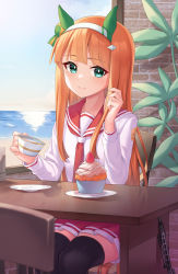 Rule 34 | 1girl, absurdres, animal ears, blue eyes, blunt bangs, blush, chair, commission, cup, cupcake, ear covers, food, gun, hairband, highres, holding, holding cup, horse ears, horse tail, indoors, long hair, long sleeves, neckerchief, ocean, on chair, orange hair, pizza (pizzania company), plant, plate, school uniform, serafuku, silence suzuka (umamusume), skeb commission, smile, solo, tail, teacup, thighhighs, umamusume, very long hair, weapon, window