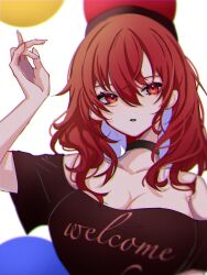 Rule 34 | 1girl, bare shoulders, black shirt, breasts, choker, chromatic aberration, cleavage, closed mouth, clothes writing, collarbone, commentary request, hat iue, hecatia lapislazuli, highres, large breasts, looking at viewer, medium hair, off-shoulder shirt, off shoulder, red eyes, red hair, shirt, short sleeves, simple background, solo, touhou, upper body, white background
