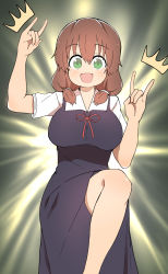 Rule 34 | 1girl, blush, breasts, brown hair, bural chingu, double fox shadow puppet, fox shadow puppet, green eyes, hair between eyes, ham na-bi, highres, large breasts, looking at viewer, m/, open mouth, s10021, school uniform, short twintails, shuuchiin academy school uniform, smile, solo, twintails