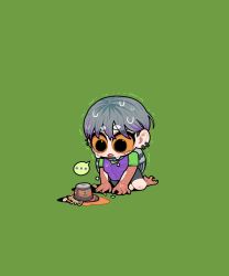 Rule 34 | ..., 1girl, black eyes, chibi, colored sclera, commentary request, cup ramen, ear piercing, green background, green shirt, grey hair, harpy, highres, instant ramen, monster girl, multicolored hair, open mouth, original, piercing, pigeon girl (sparrowl), purple hair, purple vest, shirt, shorts, simple background, solo, sparrowl, spill, spoken ellipsis, two-tone hair, vest, yellow sclera