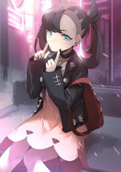 Rule 34 | 1girl, absurdres, backpack, bag, black choker, black hair, black jacket, black nails, choker, closed mouth, commentary request, creatures (company), dress, earrings, game freak, green eyes, hair ribbon, highres, index finger raised, jacket, jewelry, long sleeves, marnie (pokemon), nail polish, nintendo, no-kan, open clothes, open jacket, pink dress, pokemon, pokemon swsh, red bag, red ribbon, ribbon, sitting, sleeves past wrists, solo