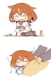 Rule 34 | 10s, 1girl, :d, absurdres, admiral (kancolle), black thighhighs, blush, brown hair, chibi, closed eyes, commentary request, covering with blanket, fang, hair ornament, hairclip, hanomido, hat, highres, ikazuchi (kancolle), kantai collection, long sleeves, open mouth, peaked cap, pleated skirt, school uniform, serafuku, short hair, skirt, sleeping, smile, teruterubouzu, thighhighs, under covers, zzz