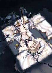 Rule 34 | 10s, 1girl, 3 (zephyr), bdsm, belt, blonde hair, bodysuit, bondage, bound, breasts, center opening, chain, cleavage, fate/extra, fate/extra ccc, fate/stay night, fate (series), green eyes, highres, lock, lying, nero claudius (bride) (fate), nero claudius (fate), nero claudius (fate), open clothes, padlock, solo, unzipped