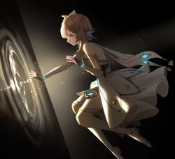 Rule 34 | 1girl, afloat, arm guards, backlighting, boots, commentary request, detached sleeves, dress, feather hair ornament, feathers, flower, from side, genshin impact, hair between eyes, hair flower, hair ornament, highres, light brown hair, long sleeves, lumine (genshin impact), mansu (user pnmp4287), profile, reaching, scarf, short hair, short hair with long locks, sidelocks, simple background, solo, thigh boots, water drop, white dress, white scarf, yellow eyes