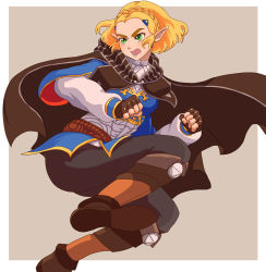 Rule 34 | 1girl, absurdres, angry, ass, black gloves, blonde hair, blue eyes, boots, breasts, cape, elf, gloves, hair ornament, hairclip, highres, hood, jump, leggings, nintendo, open mouth, pointy ears, princess zelda, short hair, sidelocks, solo, the legend of zelda, the legend of zelda: breath of the wild, the legend of zelda: tears of the kingdom, thighs, triforce