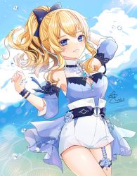 Rule 34 | 1girl, amick (americanomix), arms up, blonde hair, blue eyes, bow, breasts, detached sleeves, genshin impact, hair bow, jean (genshin impact), jean (sea breeze dandelion) (genshin impact), light blush, looking at viewer, medium breasts, parted lips, ponytail, smile, solo, teeth