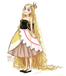 Rule 34 | 1girl, absurdly long hair, bare arms, bare shoulders, blonde hair, brown eyes, chopsticks, dress, egg, egg (food), food, food-themed clothes, fried egg, full body, hair bun, hair ornament, hair stick, hairclip, kamaboko, long hair, meago, narutomaki, noodles, original, personification, ramen, simple background, sketch, slippers, smile, solo, strapless, strapless dress, themed object, very long hair, wavy hair, white background