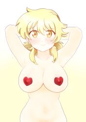 Rule 34 | 1girl, absurdres, armpits, arms behind head, arms up, blonde hair, blush, breasts, commission, commissioner upload, dard drak, female pubic hair, heart pasties, hidamari sketch, highres, long hair, looking at viewer, miyako (hidamari sketch), nude, pasties, pubic hair, smile, solo, yellow background, yellow eyes