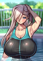 Rule 34 | 1girl, absurdres, arm behind head, arm up, armpits, bare shoulders, black one-piece swimsuit, blue eyes, blue one-piece swimsuit, blush, breasts, cleavage, collarbone, competition swimsuit, fate/grand order, fate (series), hair over one eye, highres, huge breasts, long hair, looking to the side, miyamoto musashi (fate), miyamoto musashi (fate/grand order), miyamoto musashi (swimsuit berserker) (fate), miyamoto musashi (swimsuit berserker) (first ascension) (fate), nikuatsu magician shinbo, one-piece swimsuit, pink hair, pool, solo, swept bangs, swimsuit, two-tone swimsuit, water, wet
