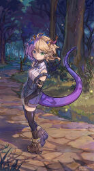 Rule 34 | 1girl, absurdres, ahoge, black thighhighs, blonde hair, blue eyes, dragon girl, dragon horns, dragon tail, forest, green eyes, heterochromia, highres, horns, looking at viewer, nature, nero augustus, original, overall shorts, overalls, pointy ears, shirt, sleeveless, sleeveless shirt, solo, suspenders, tail, thighhighs