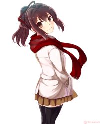 Rule 34 | 10s, 1girl, alternate costume, black thighhighs, blush, breath, brown eyes, brown hair, check commentary, coat, commentary request, hair ornament, hair ribbon, hands in pockets, ise (kancolle), kantai collection, long hair, long sleeves, looking at viewer, looking back, ponytail, red scarf, ribbon, scarf, simple background, skirt, smile, solo, steam, teramoto kaoru, thighhighs, twitter username, white background, white coat