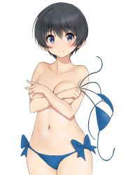 Rule 34 | 1girl, bare shoulders, bikini, unworn bikini top, black eyes, black hair, blush, bow, bow bikini, breast hold, breasts, closed mouth, collarbone, covering privates, covering breasts, cowboy shot, crossed arms, furuyama itaru, looking at viewer, medium breasts, navel, original, short hair, simple background, smile, solo, swimsuit, topless, white background, wide hips