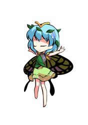 Rule 34 | 1girl, antennae, aqua hair, barefoot, butterfly wings, chibi, closed eyes, closed mouth, dairi, dress, eternity larva, fairy, full body, green dress, hair between eyes, insect wings, leaf, leaf on head, multicolored clothes, multicolored dress, short hair, short sleeves, single strap, solo, spread legs, standing, sweatdrop, tachi-e, touhou, transparent background, wings