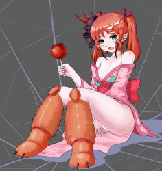 Rule 34 | 1girl, absurdres, ass, bad id, bad pixiv id, bare shoulders, blue eyes, blush, breasts, candy apple, covering privates, covering crotch, eyeshadow, floral print, food, full body, hair ribbon, highres, arthropod girl, japanese clothes, kimono, legs, looking at viewer, makeup, monster girl, no bra, obi, off shoulder, open mouth, original, panties, pantyshot, pink kimono, pointy ears, red hair, ribbon, sash, silk, sitting, small breasts, spider girl, spider web, spider web background, thighs, twintails, underwear, white panties, xiguaex