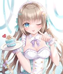 Rule 34 | 1girl, ;p, blue bow, blue dress, blue eyes, blue ribbon, blush, bow, breasts, brown hair, cake, cleavage, closed mouth, commentary request, dated, dress, food, food on face, hair between eyes, hair bow, hair ornament, hairclip, happy birthday, highres, holding, holding plate, kohinata hoshimi, looking at viewer, maid headdress, medium breasts, one eye closed, original, plate, puffy short sleeves, puffy sleeves, purple bow, ribbon, short sleeves, smile, solo, star (symbol), star hair ornament, striped clothes, striped dress, tongue, tongue out, vertical-striped clothes, vertical-striped dress, wrist cuffs