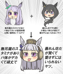 Rule 34 | 3girls, absurdres, animal ears, black hair, blue eyes, blunt bangs, blunt ends, blush stickers, bow, brown headwear, commentary request, ear bow, emphasis lines, food, food on face, gold ship (umamusume), green bow, headgear, highres, horse ears, horse girl, kin&#039;iro ryotei (umamusume), kopperion, long hair, low ponytail, mejiro mcqueen (umamusume), multiple girls, parted bangs, pillbox hat, portrait, purple bow, purple eyes, purple hair, tongue, tongue out, translation request, umamusume, v-shaped eyebrows