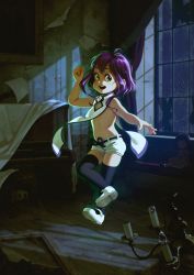 Rule 34 | 1girl, alkemanubis, arm up, black hair, broken glass, broken window, dark, doll, flat chest, glass, green eyes, highres, indoors, instrument, jumping, mary janes, navel, open mouth, original, outstretched arm, piano, purple hair, shoes, short hair, short shorts, shorts, silk, smile, solo, spider web, thighhighs, window