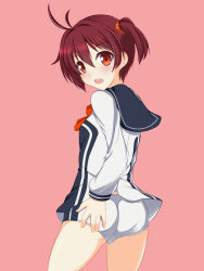 Rule 34 | 1girl, antenna hair, ass, bad id, bad pixiv id, blush, brown eyes, from behind, isshiki akane, looking at viewer, looking back, nagamon (nagamonian), open mouth, pink background, red hair, school uniform, short hair, short shorts, short twintails, shorts, simple background, solo, twintails, vividred operation