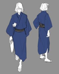 Rule 34 | 1boy, arm at side, arm out of sleeve, blue kimono, closed mouth, full body, grey background, halorane, hand fan, holding, holding fan, ishikawa goemon xiii, japanese clothes, kimono, looking to the side, lupin iii, male focus, multiple views, partially colored, sandals, short hair, sketch, standing, stepping, zouri