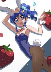 Rule 34 | 1girl, :d, absurdres, aikatsu!, aikatsu! (series), animal ears, arm up, blue eyes, blue hair, blue leotard, blue scrunchie, breasts, commentary, covered navel, cowboy shot, detached collar, fake animal ears, fake tail, food, fruit, hair ornament, hair scrunchie, heart, highres, kiriya aoi, legs, leotard, looking at viewer, medium hair, neck ribbon, open mouth, pantyhose, playboy bunny, pointing, rabbit ears, rabbit tail, red ribbon, ribbon, scrunchie, side ponytail, small breasts, smile, solo, standing, star (symbol), star hair ornament, strapless, strapless leotard, strawberry, tail, tokiani, wing collar, wrist cuffs