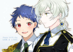 Rule 34 | 2boys, blue hair, blue necktie, blush, character name, earrings, english text, engrish text, epaulettes, green necktie, ichijou shin, jewelry, king of prism, king of prism by prettyrhythm, kisaragi louis, looking at viewer, male focus, multiple boys, necktie, open mouth, pretty rhythm, pretty series, ranguage, red eyes, short hair, upper body, yanyo (ogino atsuki)