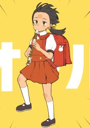 Rule 34 | 1girl, absurdres, backpack, bag, black footwear, black hair, brown eyes, dress, flute, forehead, full body, hair ornament, highres, holding, holding flute, holding instrument, instrument, kaai yuki, kurebayashi asami, kyoufuu all back (vocaloid), low twintails, pinafore dress, puffy short sleeves, puffy sleeves, randoseru, recorder, red bag, red dress, shirt, short sleeves, sleeveless, sleeveless dress, solo, twintails, vocaloid, white shirt, wind, yellow background