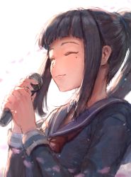 Rule 34 | 1girl, aoi ch., bad id, bad pixiv id, black sailor collar, black serafuku, black shirt, blunt bangs, blush, closed eyes, closed mouth, fuji aoi, highres, holding, holding microphone, lips, long hair, long sleeves, looking at viewer, madogiwa (ran5), microphone, mole, mole under eye, neckerchief, petals, ponytail, red neckerchief, sailor collar, school uniform, serafuku, shirt, sidelocks, simple background, solo, two-handed, upper body, virtual youtuber, white background