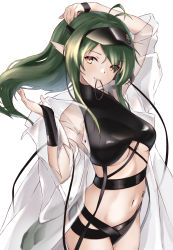Rule 34 | 1girl, antenna hair, arknights, arm up, bad id, bad pixiv id, breasts, commentary request, cowboy shot, female focus, futsuhara, gavial (arknights), green hair, hair tie, hand up, highres, long hair, looking at viewer, material growth, mouth hold, navel, official alternate costume, oripathy lesion (arknights), partial commentary, pointy ears, see-through, simple background, small breasts, solo, standing, stomach, swimsuit, teeth hold, visor cap, white background, yellow eyes