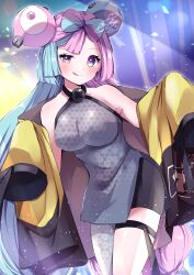 Rule 34 | 1girl, :q, absurdres, aqua hair, bike shorts, blush, breasts, character hair ornament, commentary request, creatures (company), eyelashes, game freak, grey pantyhose, grey vest, hair ornament, herunia kokuoji, highres, iono (pokemon), jacket, large breasts, long hair, looking at viewer, multicolored hair, nintendo, pantyhose, pokemon, pokemon sv, purple eyes, purple hair, single leg pantyhose, solo, thigh strap, tongue, tongue out, two-tone hair, vest, yellow jacket